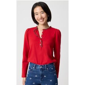 J.CREW Long-sleeve Tartan and Jewels‎ Henley Shirt Small Red NEW Festive CO282
